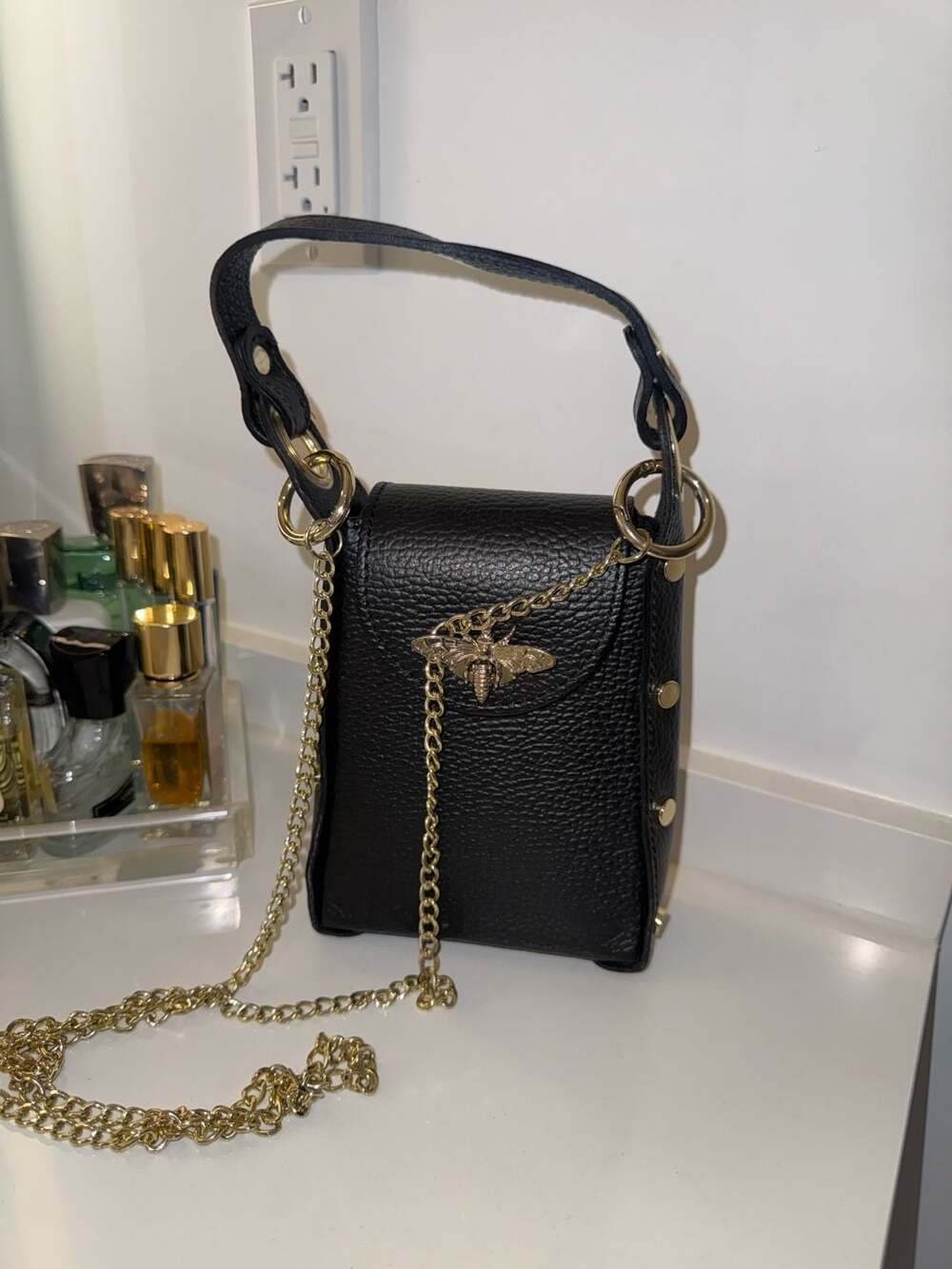 Vera Pelle Italian Leather Bee Embellished Crossbody Bag